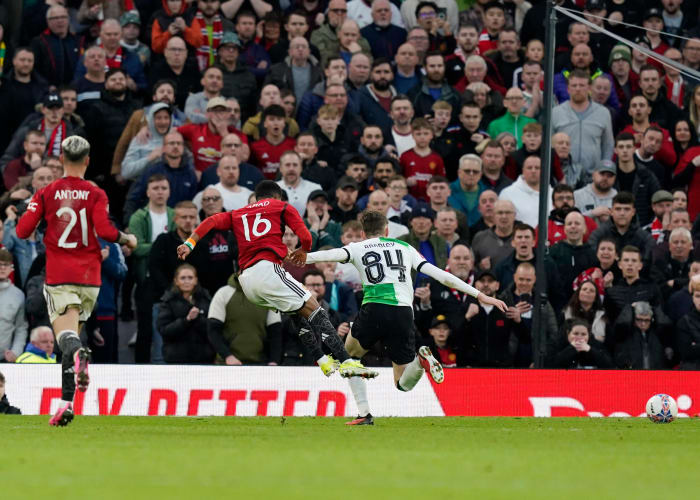 Amad Diallo pictured (no.16) scoring for Manchester United in a 4-3 win over Liverpool in the quarter-finals of the FA Cup in March 2024